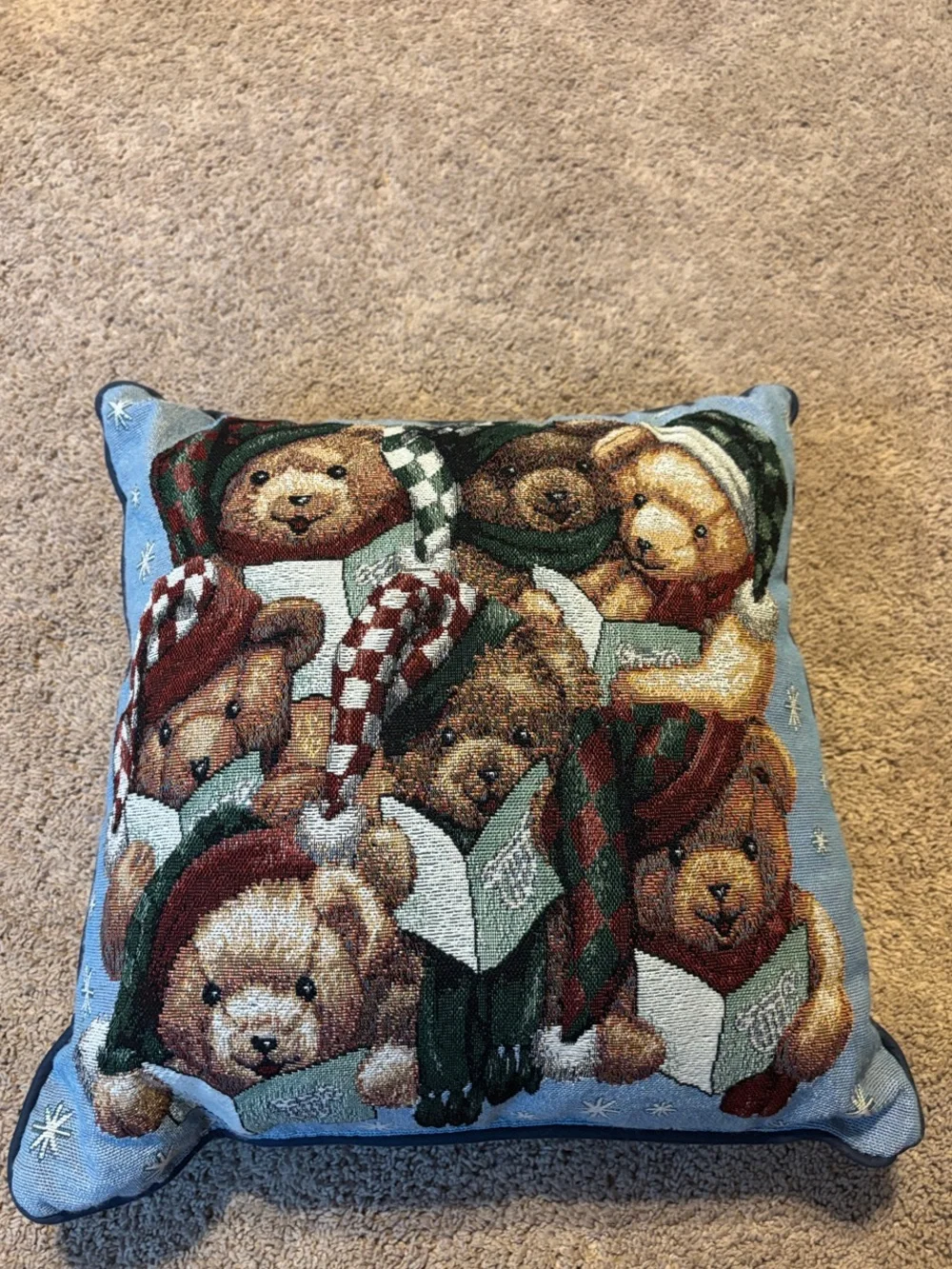 Vintage & Festive Teddy Bears Throw Pillow - Blue